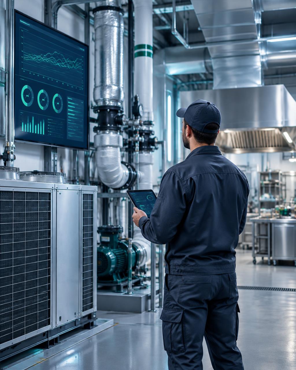 Técnico revisando el monitoreo de una sala de equipos de climatización